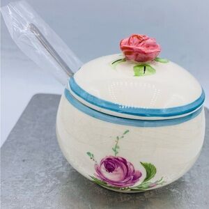 Vintage Fon De Villa England Floral Porcelain Lidded Sugar Bowl With Rose Knob